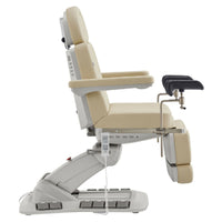 Thumbnail for Geneva 4-Motors Exam Table with Stirrups - OB GYN Beige Side View With Foot Pedal And Remote Control On White Background