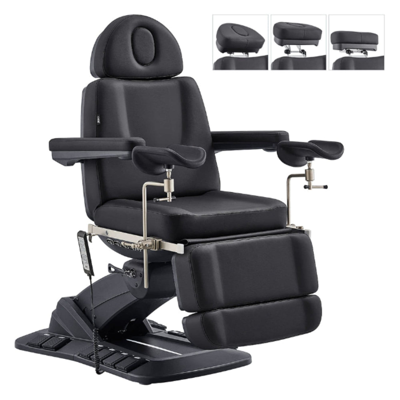 Geneva 4-Motors Exam Table with Stirrups - OB GYN Black Front Angled View With Adjustable Headrest And Stirrups On White Background