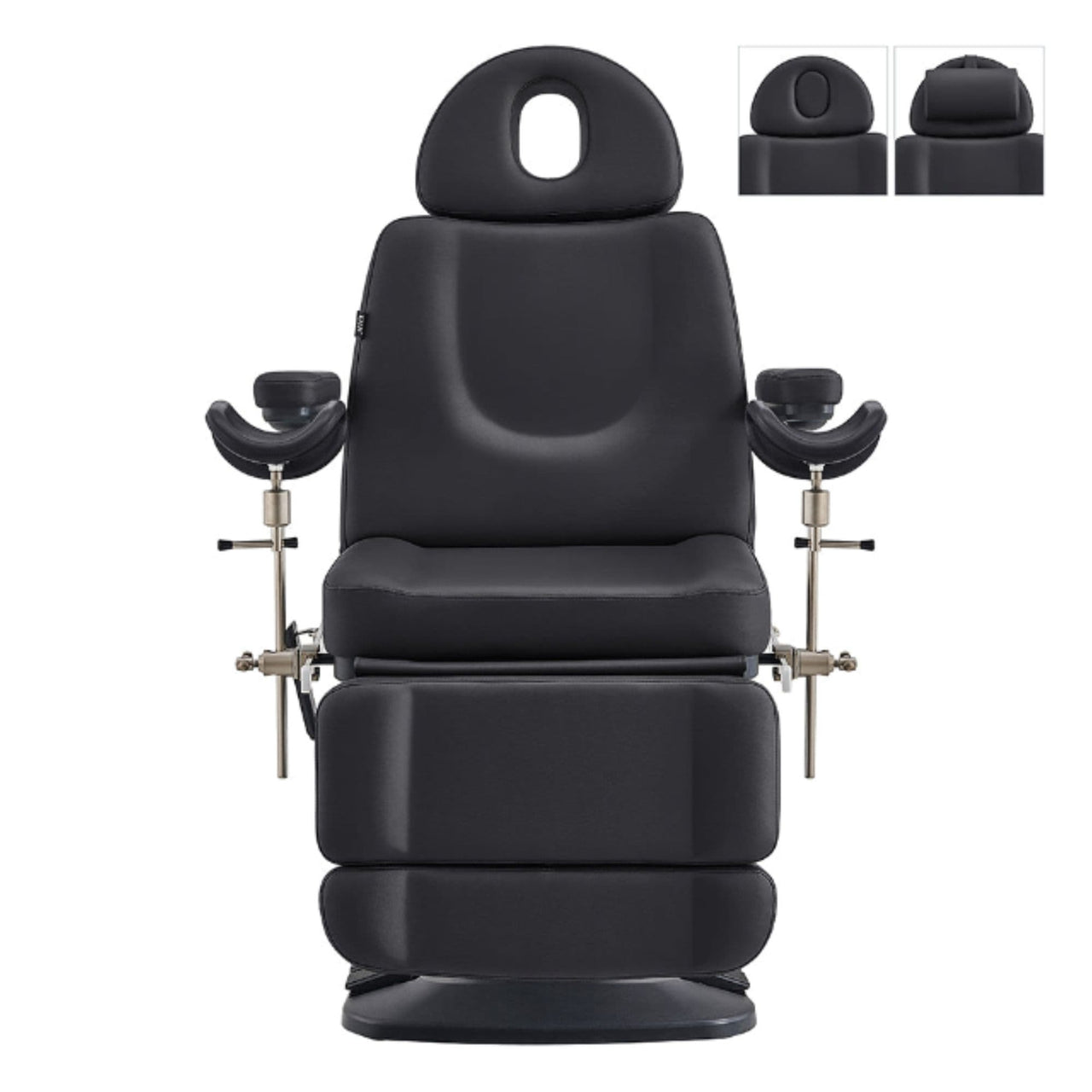 Geneva 4-Motors Exam Table with Stirrups - OB GYN Black Front View With Adjustable Headrest And Stirrups On White Background