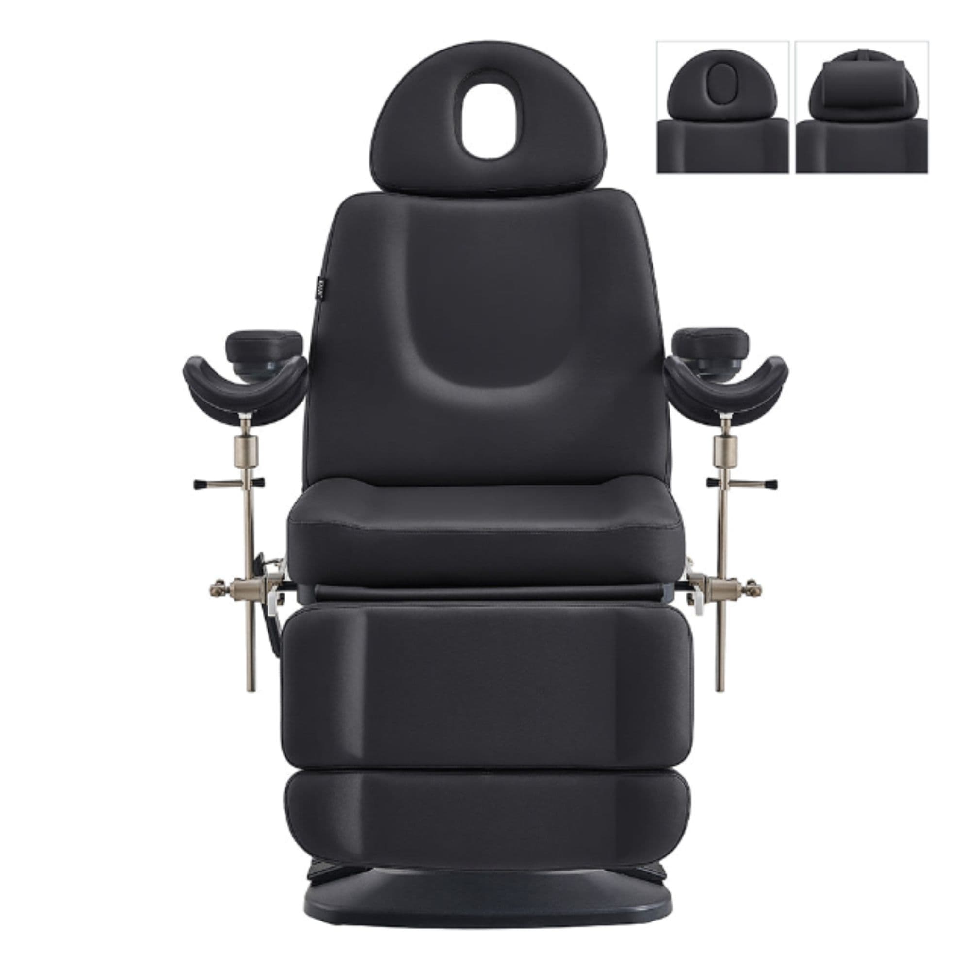 Geneva 4-Motors Exam Table with Stirrups - OB GYN Black Front View With Adjustable Headrest And Stirrups On White Background