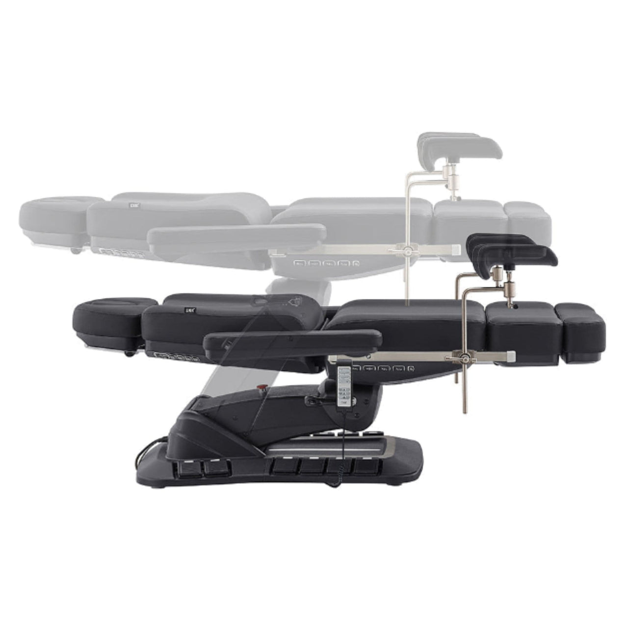 Geneva 4-Motors Exam Table with Stirrups - OB GYN Black Side View And Fully Reclined Demonstrating An Up And Down Adjustment On White Background