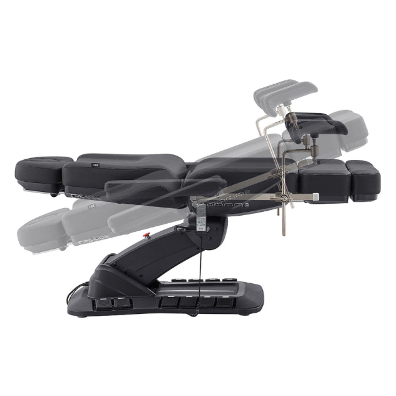 Geneva 4-Motors Exam Table with Stirrups - OB GYN Black Side View Demonstrating Adjustable Stirrup And Leg Section Positions On White Background