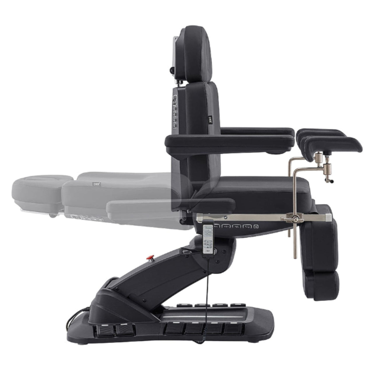 Geneva 4-Motors Exam Table with Stirrups - OB GYN Black Side View Demonstrating Recline Adjustment Range On White Background