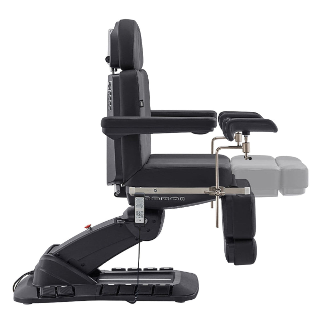 Geneva 4-Motors Exam Table with Stirrups - OB GYN Black Side View Showing Extendable Footrest Positions On White Background