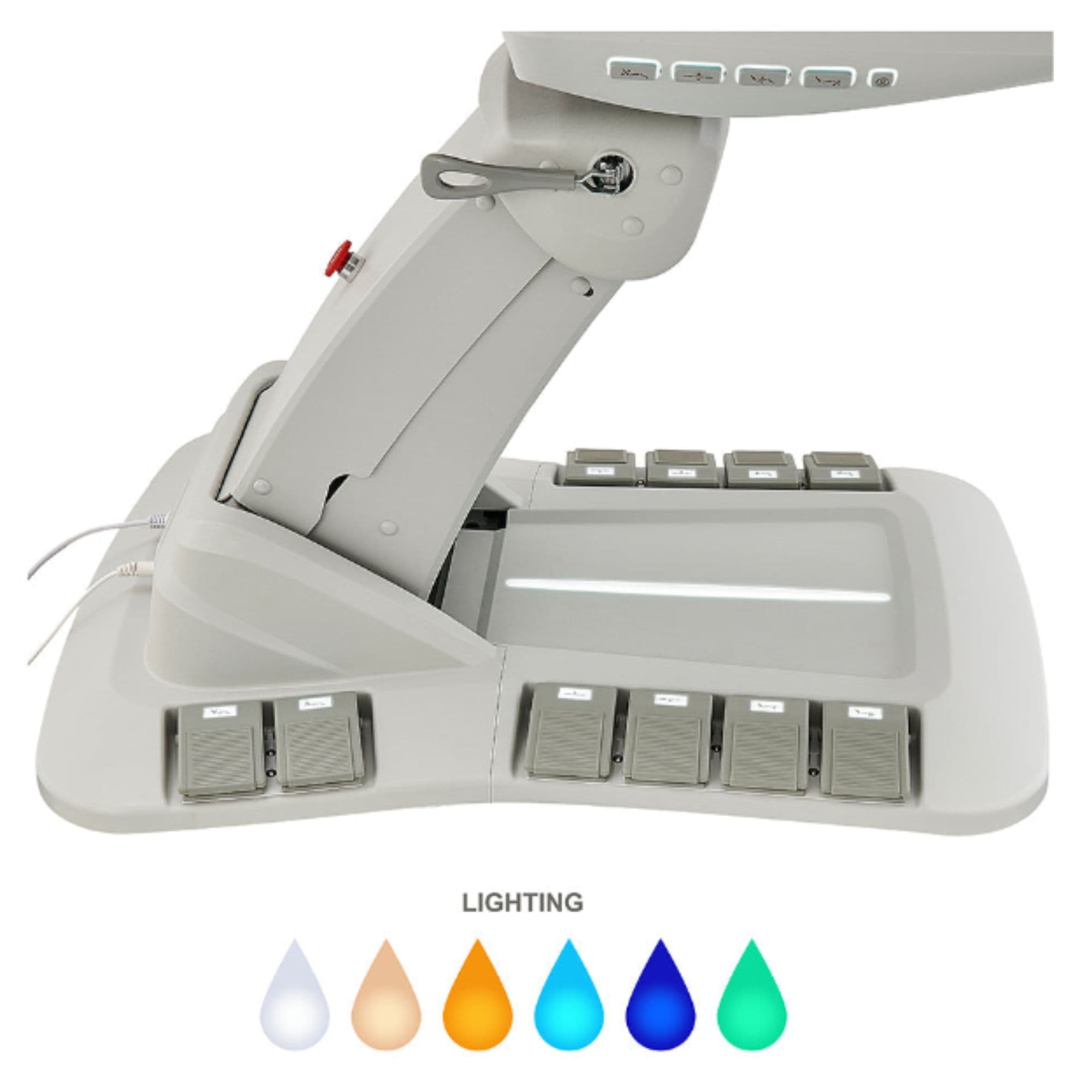Geneva 4-Motors Exam Table with Stirrups - OB GYN Close-Up View Of LED Base Lighting And Foot Controls For Gray Variant
