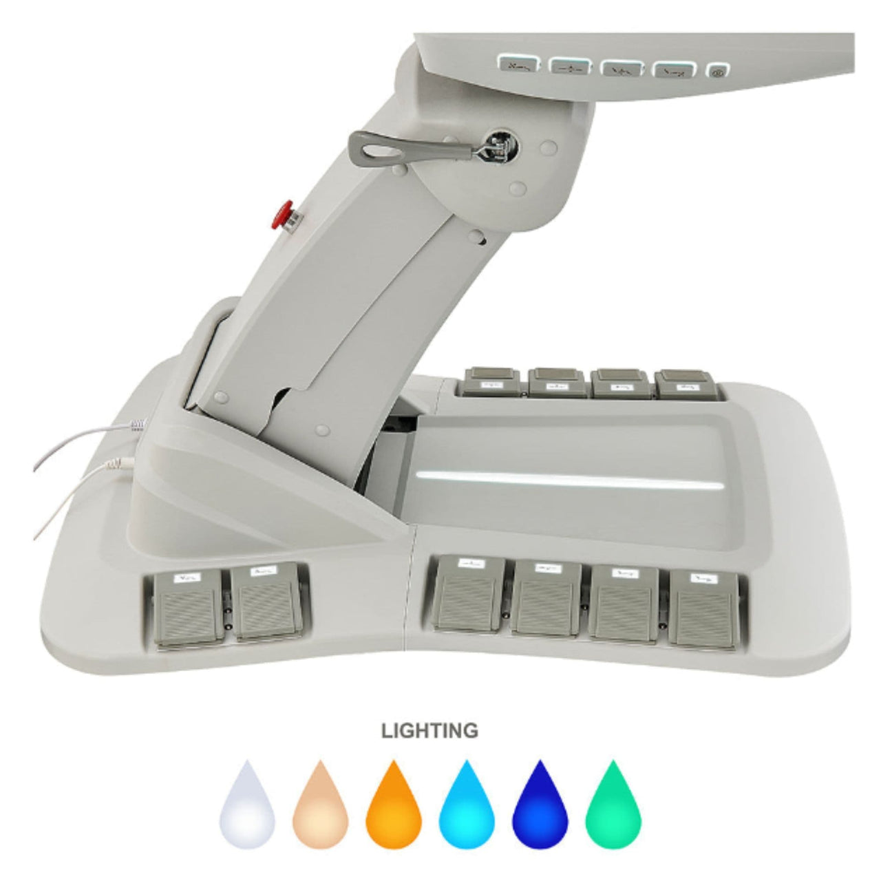Geneva 4-Motors Exam Table with Stirrups - OB GYN Close-Up View Of LED Base Lighting And Foot Controls For White Variant