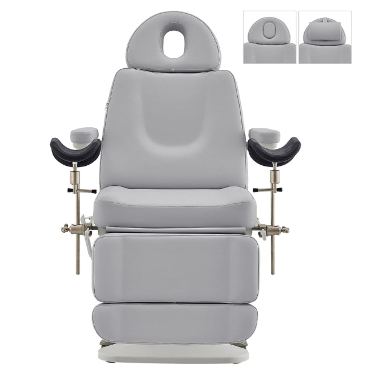 Geneva 4-Motors Exam Table with Stirrups - OB GYN Gray Front View With Adjustable Headrest And Stirrups On White Background
