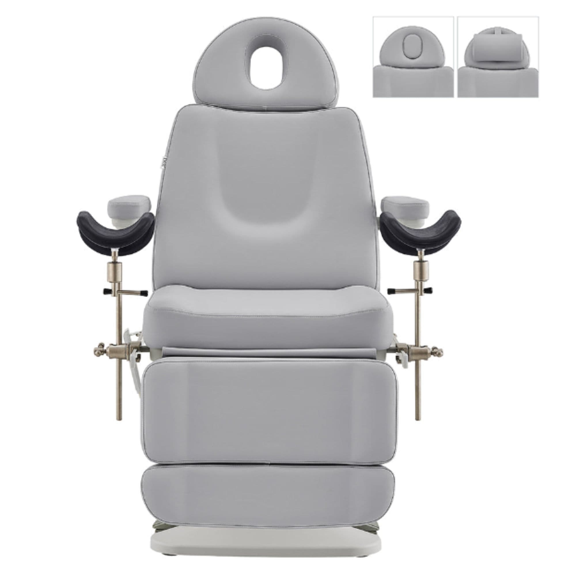 Geneva 4-Motors Exam Table with Stirrups - OB GYN Gray Front View With Adjustable Headrest And Stirrups On White Background