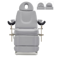 Thumbnail for Geneva 4-Motors Exam Table with Stirrups - OB GYN Gray Front View With Adjustable Headrest And Stirrups On White Background