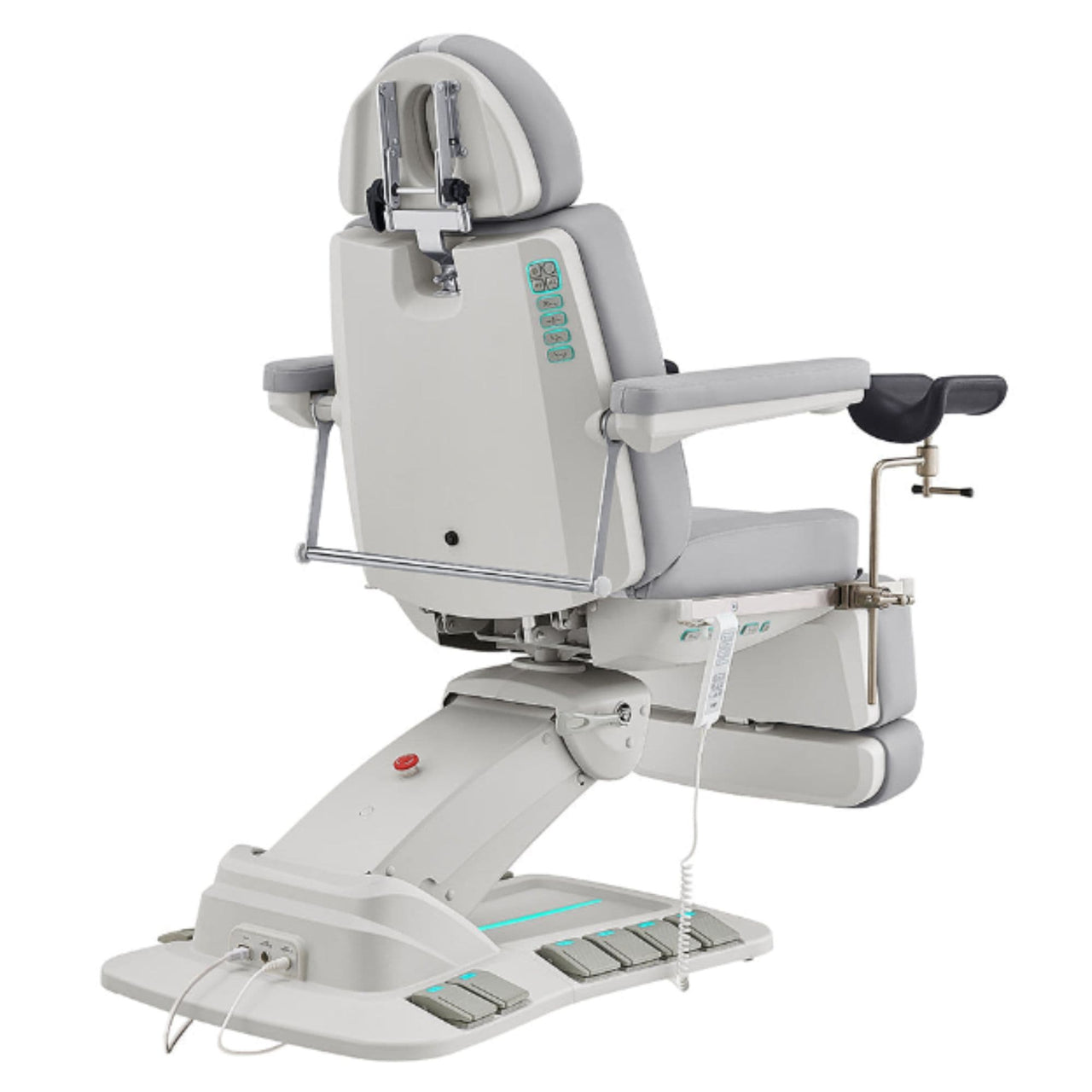 Geneva 4-Motors Exam Table with Stirrups - OB GYN Gray Rear View With Foot Pedal And Remote Control On White Background