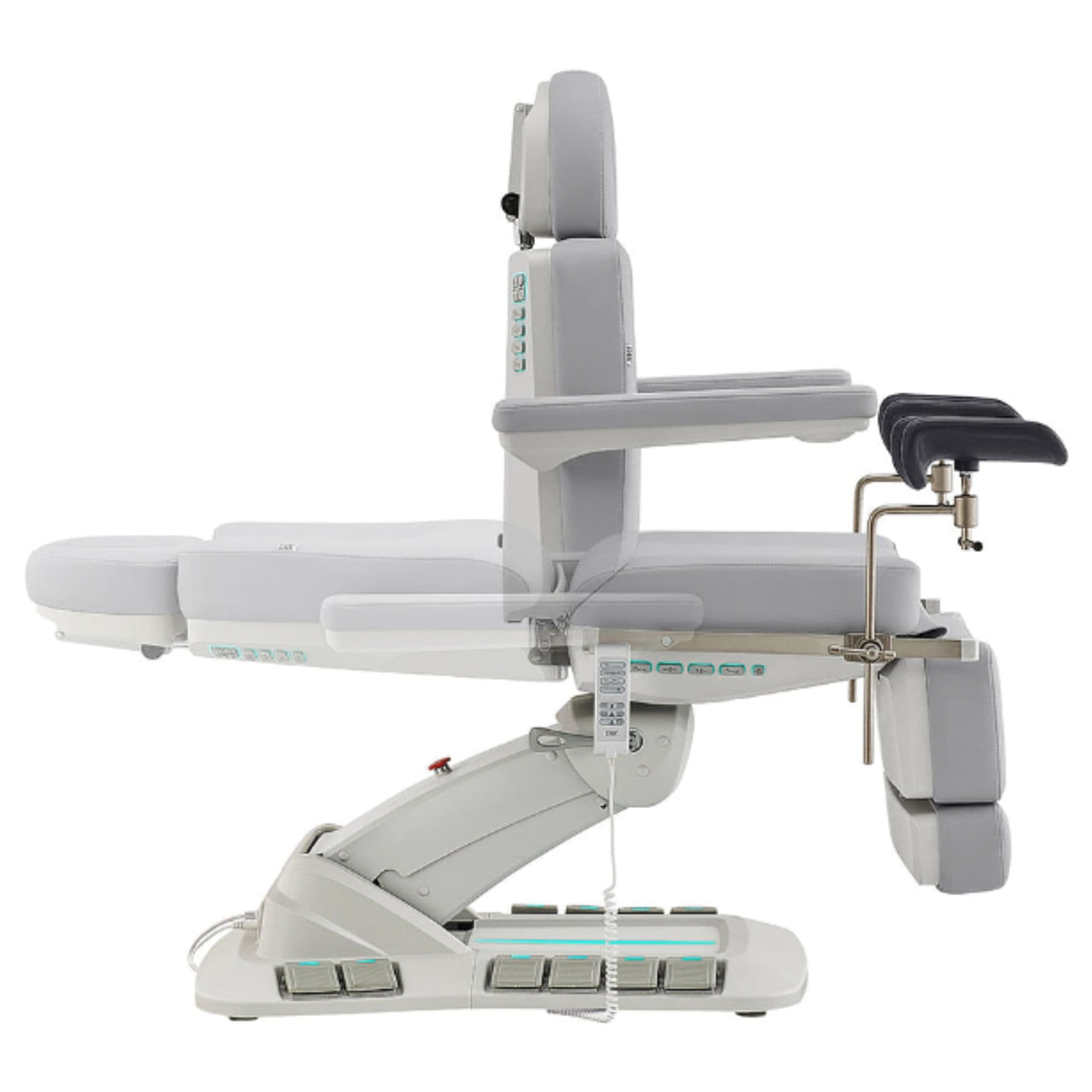 Geneva 4-Motors Exam Table with Stirrups - OB GYN Gray Side View Demonstrating Recline Adjustment Range On White Background