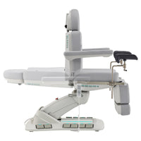 Thumbnail for Geneva 4-Motors Exam Table with Stirrups - OB GYN Gray Side View Demonstrating Recline Adjustment Range On White Background