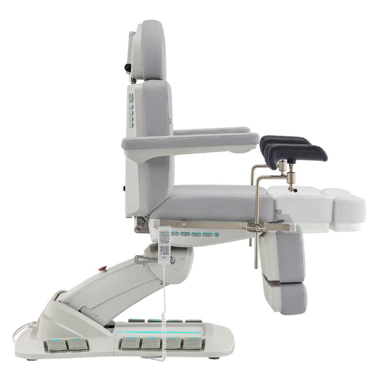 Geneva 4-Motors Exam Table with Stirrups - OB GYN Gray Side View Showing Extendable Footrest Positions On White Background