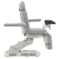 Thumbnail for Geneva 4-Motors Exam Table with Stirrups - OB GYN Gray Side View Showing Swing-Away Armrest Position On White Background