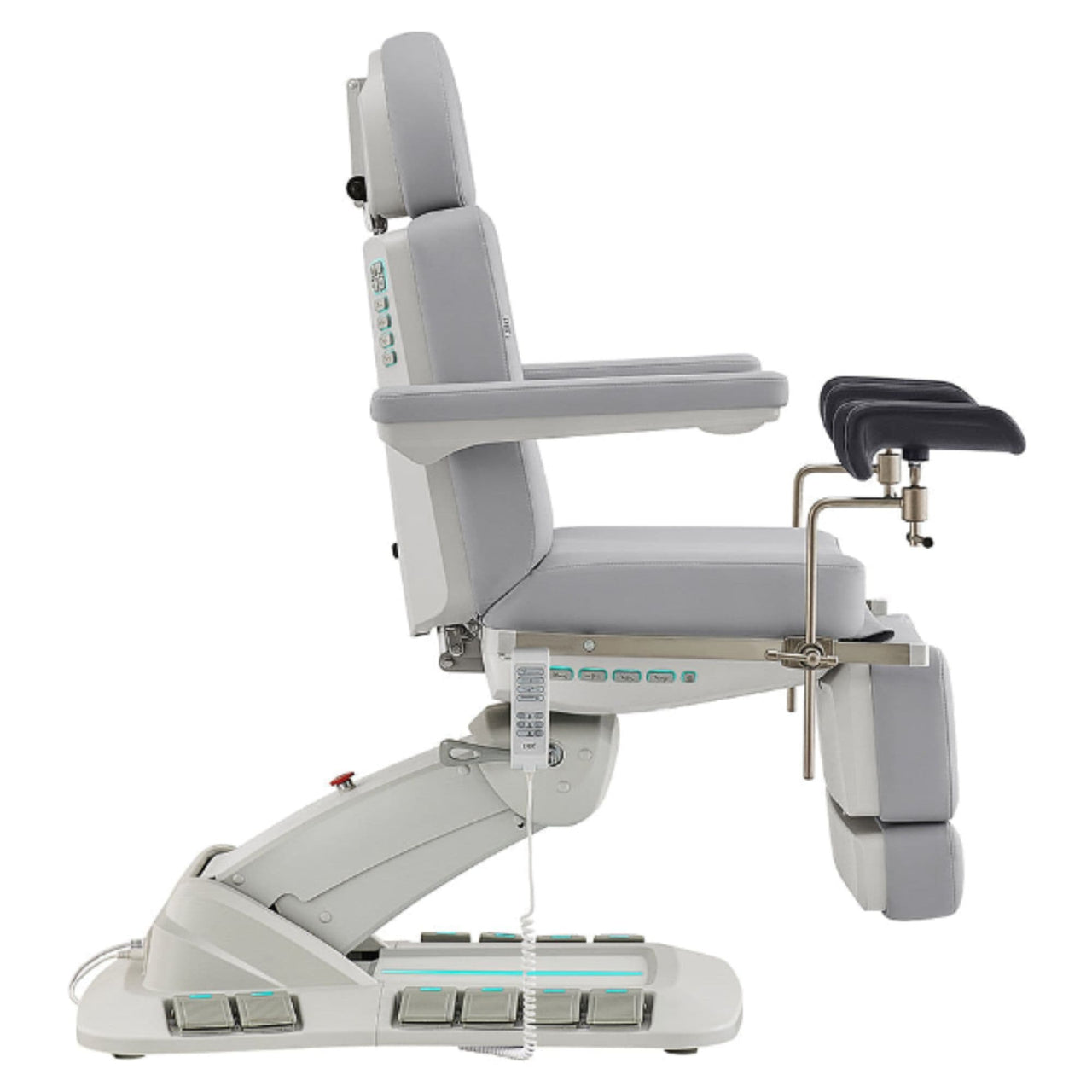 Geneva 4-Motors Exam Table with Stirrups - OB GYN Gray Side View With Foot Pedal And Remote Control On White Background