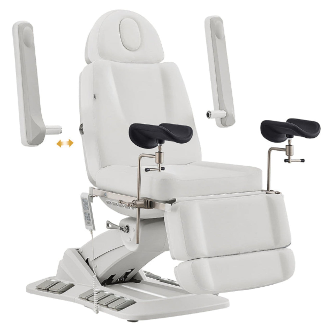 Geneva 4-Motors Exam Table with Stirrups - OB GYN White Front Angled View Showing Adjustable Armrest Positions On White Background