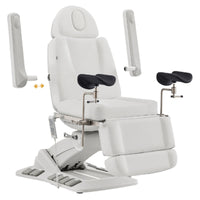 Thumbnail for Geneva 4-Motors Exam Table with Stirrups - OB GYN White Front Angled View Showing Adjustable Armrest Positions On White Background