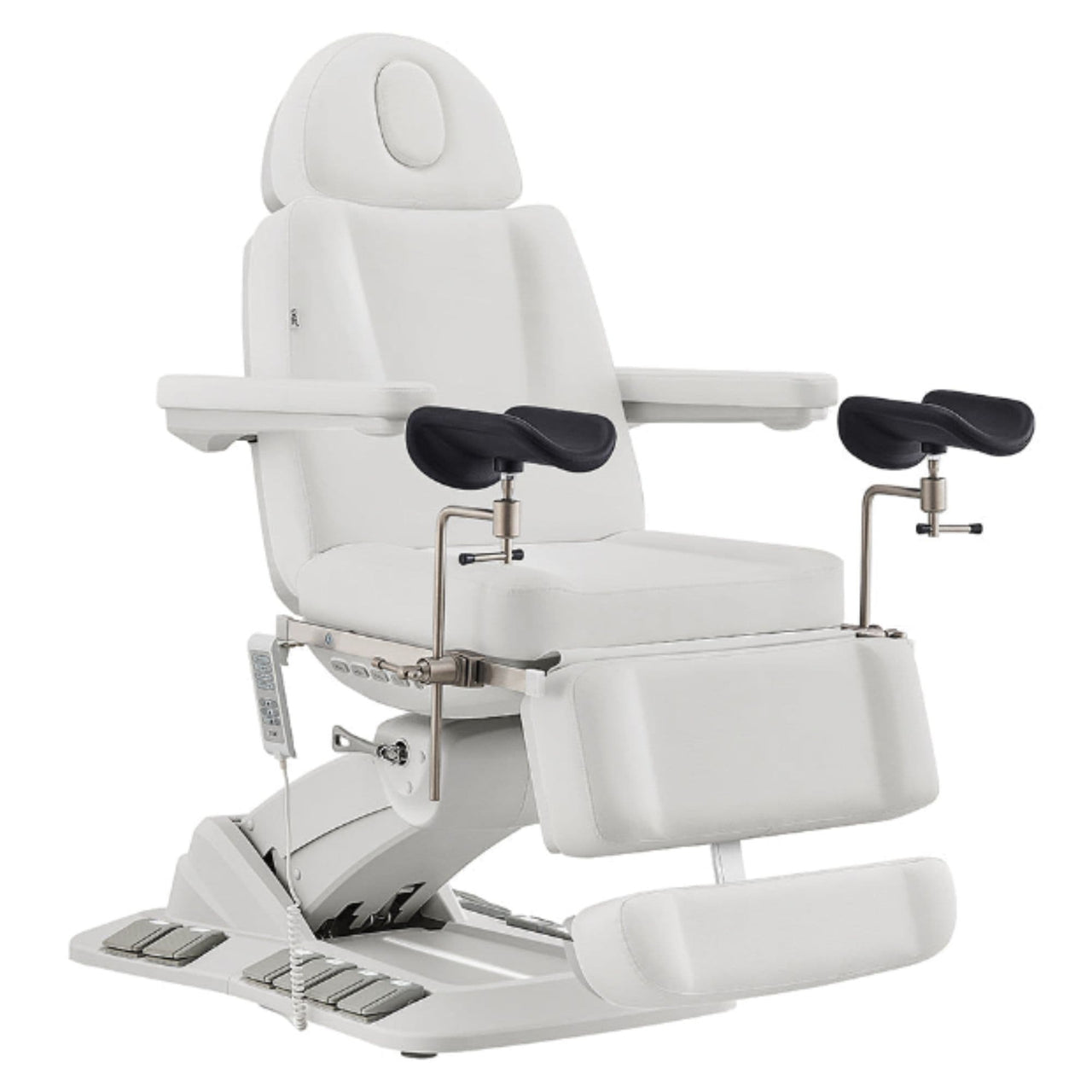 Geneva 4-Motors Exam Table with Stirrups - OB GYN White Front Angled View Showing Extended Footrest On White Background