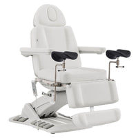 Thumbnail for Geneva 4-Motors Exam Table with Stirrups - OB GYN White Front Angled View Showing Extended Footrest On White Background