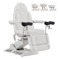 Thumbnail for Geneva 4-Motors Exam Table with Stirrups - OB GYN White Front Angled View With Adjustable Headrest And Stirrups On White Background