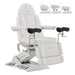 Geneva 4-Motors Exam Table with Stirrups - OB GYN White Front Angled View With Adjustable Headrest And Stirrups On White Background