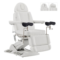 Thumbnail for Geneva 4-Motors Exam Table with Stirrups - OB GYN White Front Angled View With Adjustable Stirrups And Foot Controls On White Background