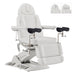 Geneva 4-Motors Exam Table with Stirrups - OB GYN White Front Angled View With Adjustable Stirrups And Foot Controls On White Background
