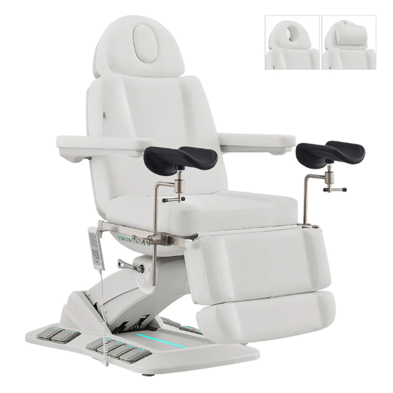 Geneva 4-Motors Exam Table with Stirrups - OB GYN White Front Angled View With LED Base Lighting On White Background