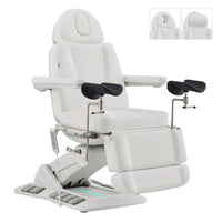 Thumbnail for Geneva 4-Motors Exam Table with Stirrups - OB GYN White Front Angled View With LED Base Lighting On White Background
