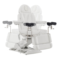 Thumbnail for Geneva 4-Motors Exam Table with Stirrups - OB GYN White Front View With Swivel Rotation Demonstration On White Background