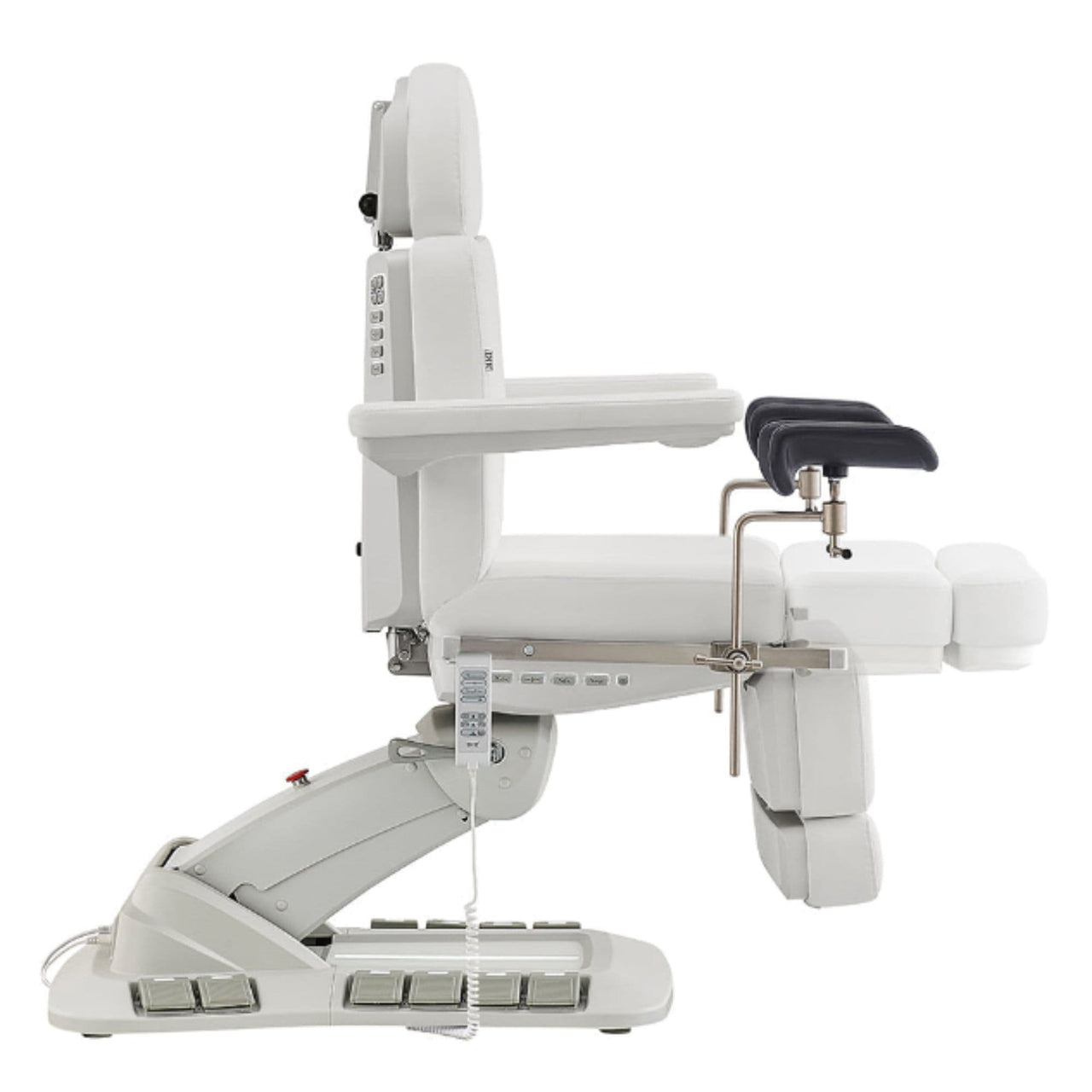 Geneva 4-Motors Exam Table with Stirrups - OB GYN White Side View Showing Extendable Footrest Positions On White Background