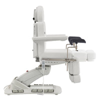 Thumbnail for Geneva 4-Motors Exam Table with Stirrups - OB GYN White Side View Showing Extendable Footrest Positions On White Background
