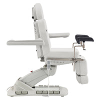 Thumbnail for Geneva 4-Motors Exam Table with Stirrups - OB GYN White Side View Showing Swing-Away Armrest Position On White Background