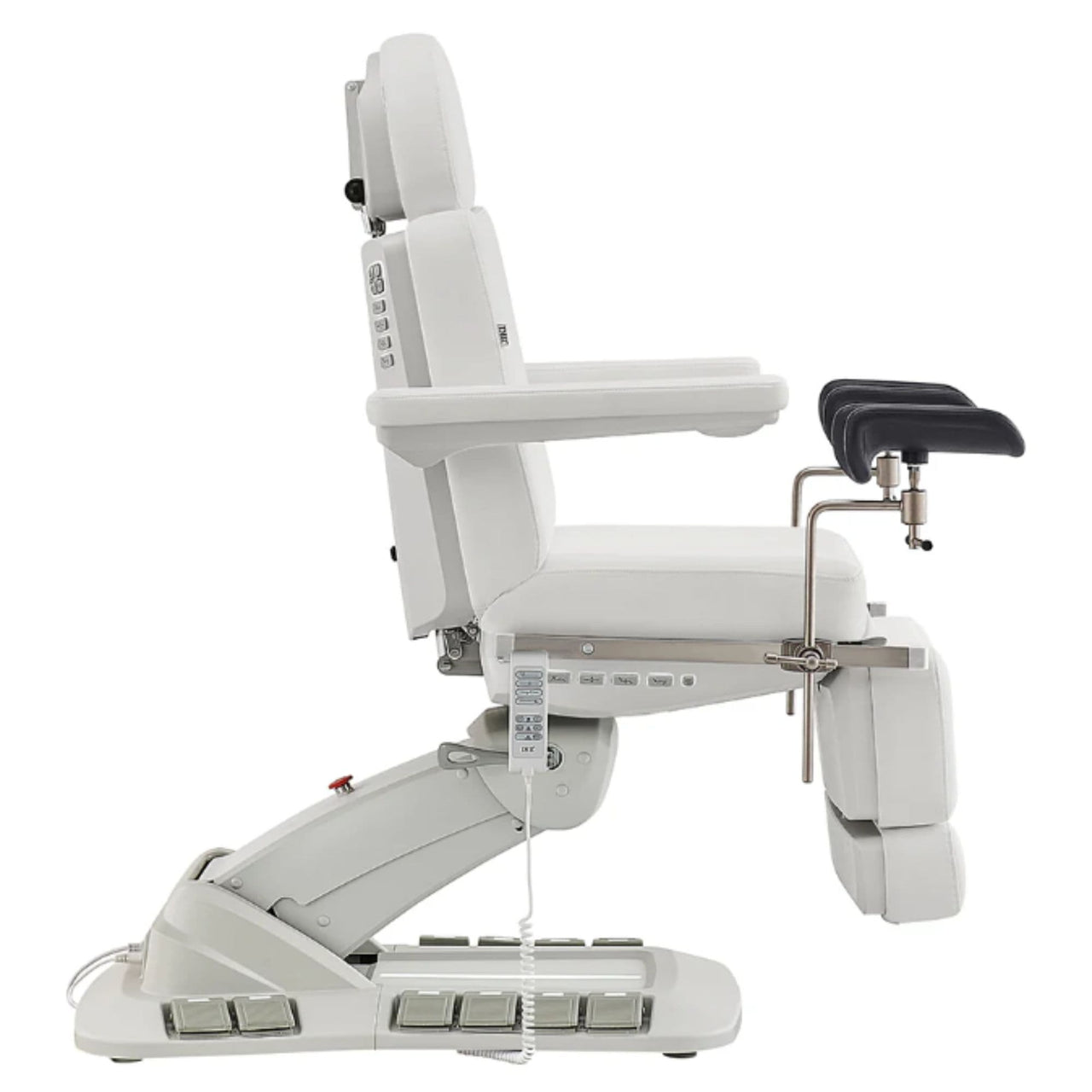 Geneva 4-Motors Exam Table with Stirrups - OB GYN White Side View With Foot Pedal And Remote Control On White Background