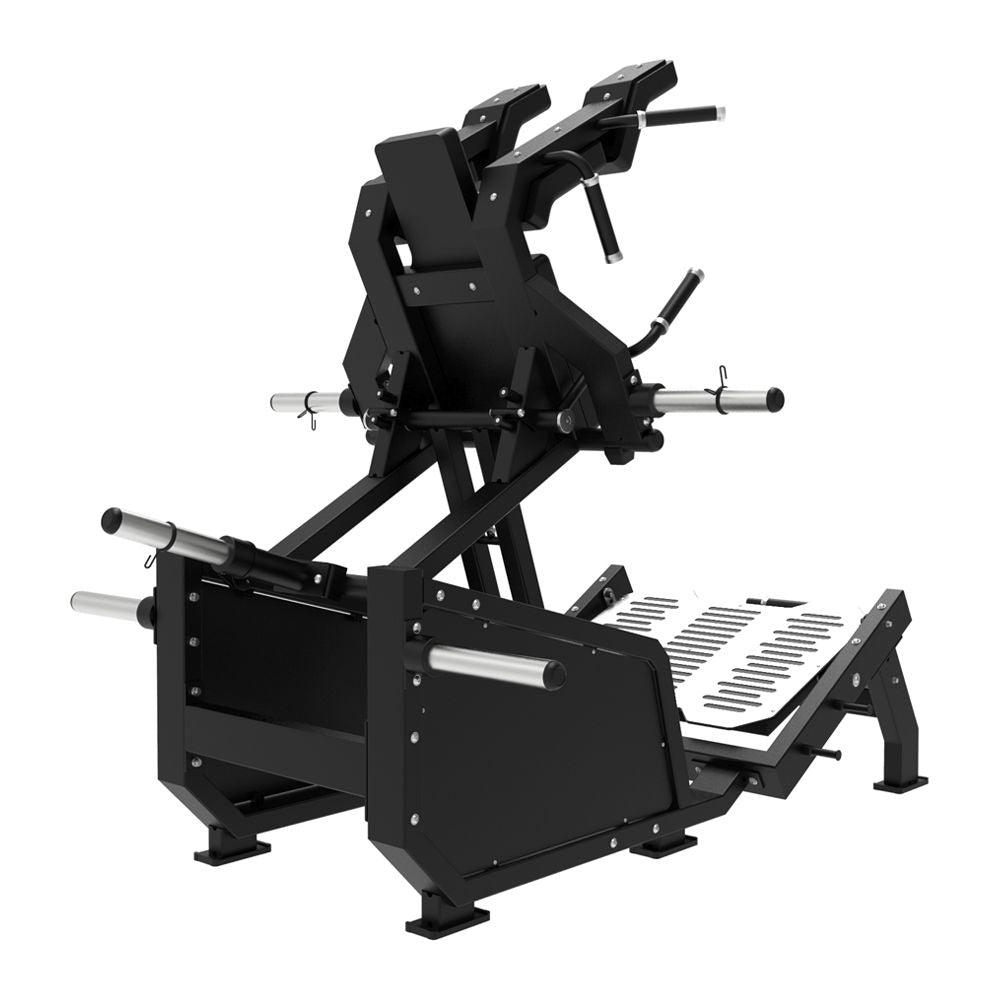 Excel Glute Line Hack Squat / Front Squat - Muscle D Fitness - Plate Load Squat Machine - Counter Balanced - Plate Storage Pegs