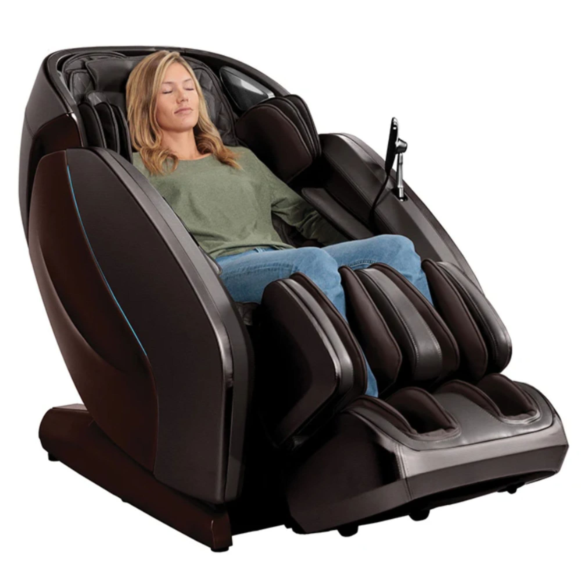 Hatsumei M900 4D AI Massage Chair Brown Variant Front Angled View With A Woman Relaxing On White Background