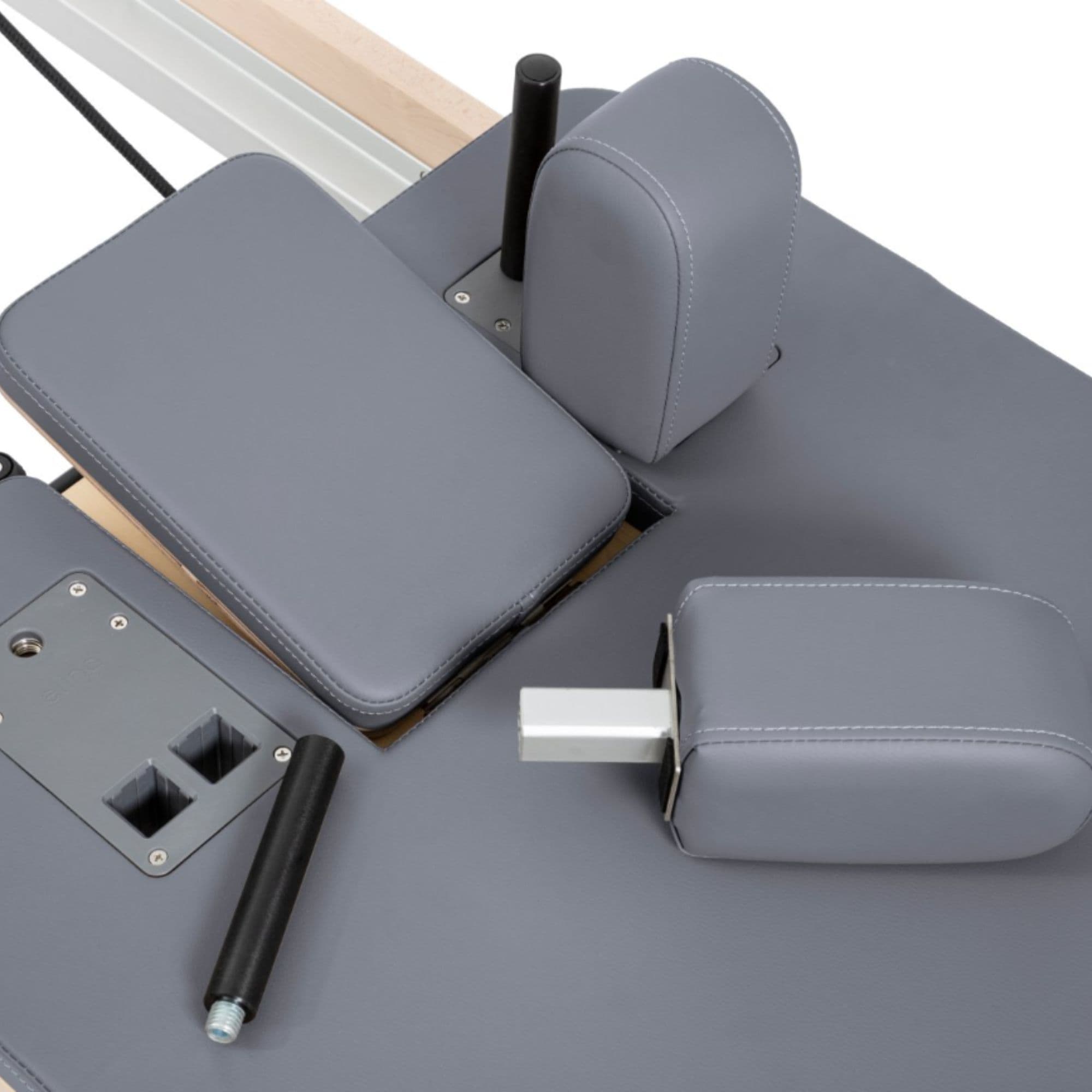 Home Foldable Reformer Grey Variant Close-Up View Showing Removable Headrest And Shoulder Rest System