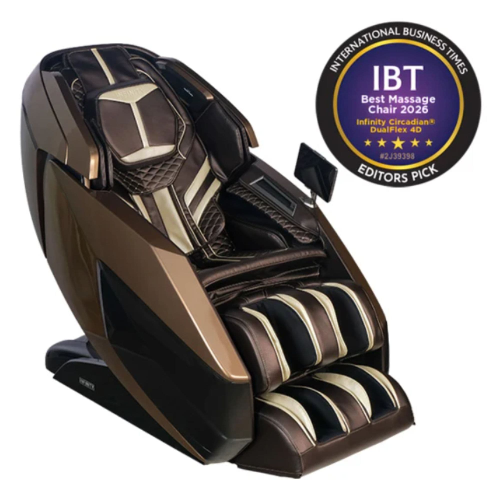 Infinity Circadian 4D Dualflex Massage Chair Brown Variant Front Angled View With Editors Pick Award Badge On White Background