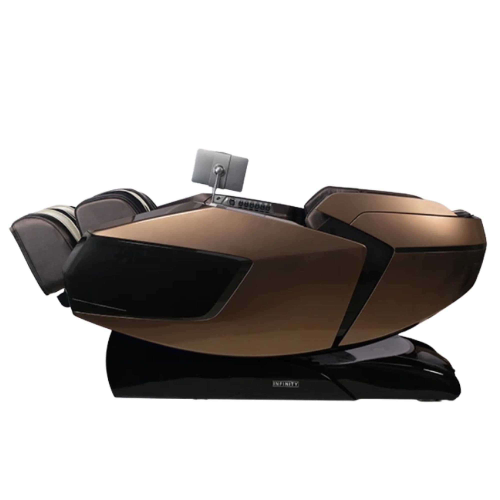 Infinity Circadian 4D Dualflex Massage Chair Brown Variant Side View In Fully Reclined Position On White Background