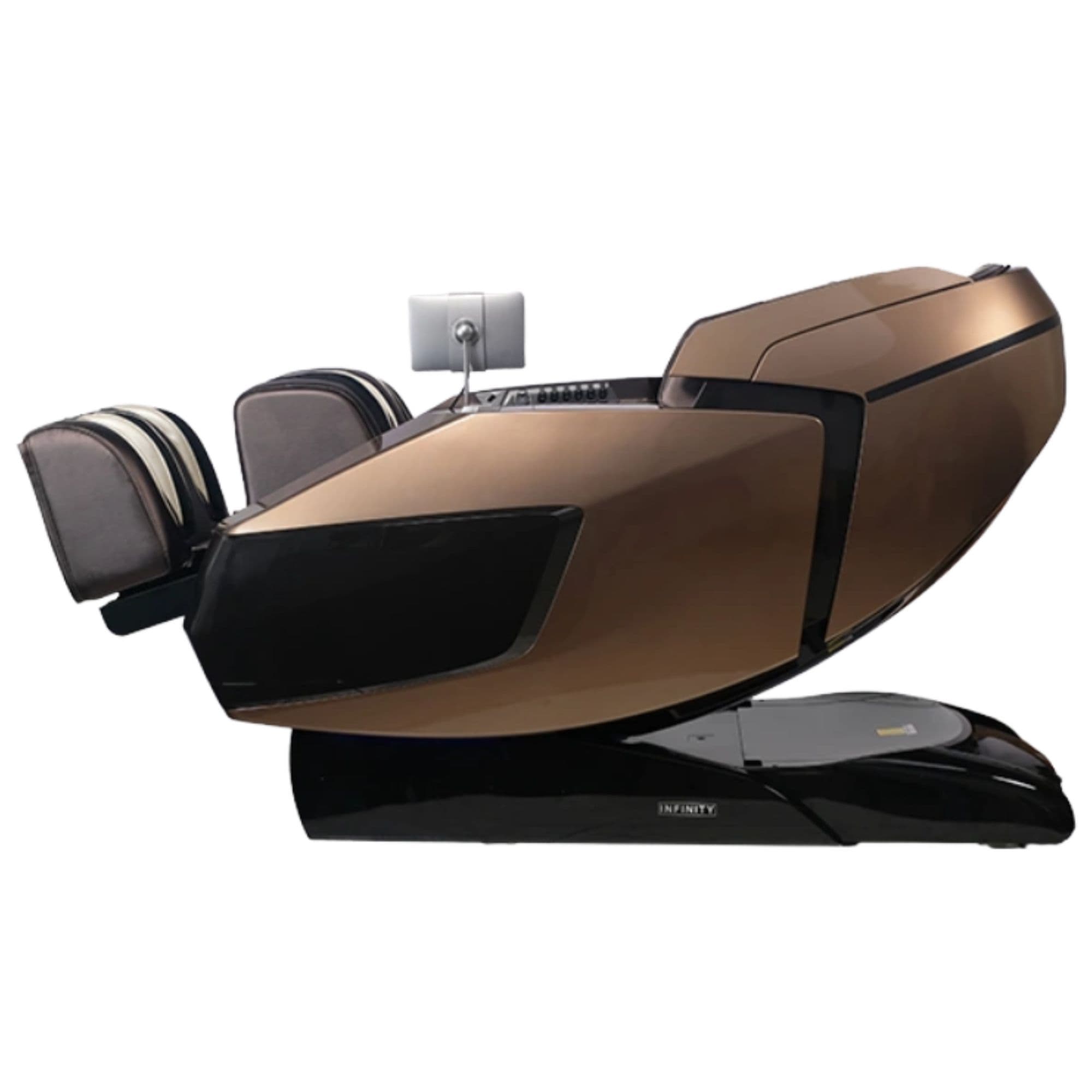 Infinity Circadian 4D Dualflex Massage Chair Brown Variant Side View In Semi-Fully Reclined Position On White Background