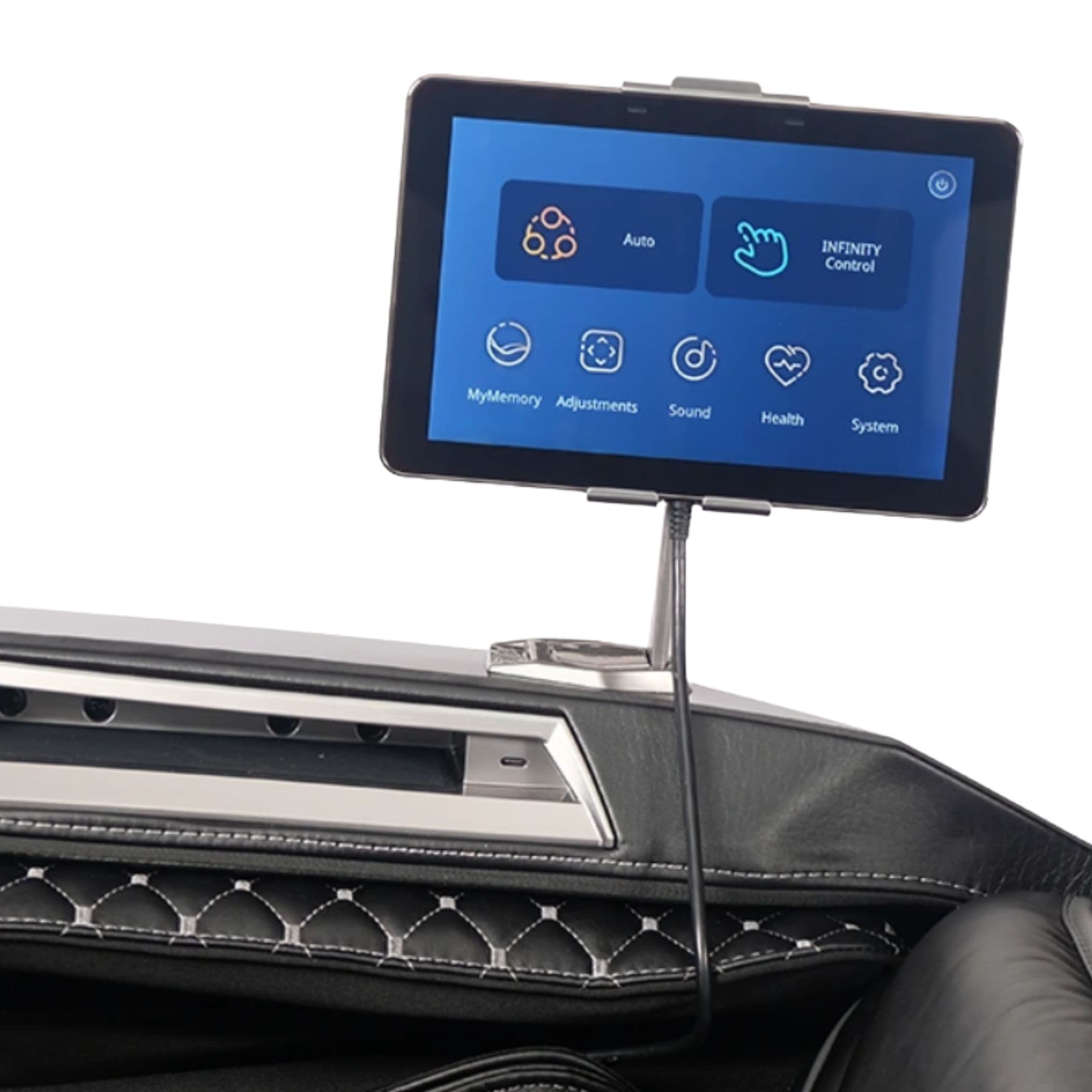 Infinity Circadian Chair Black Variant Close-Up View Of Touchscreen Controller Mounted On The Chair