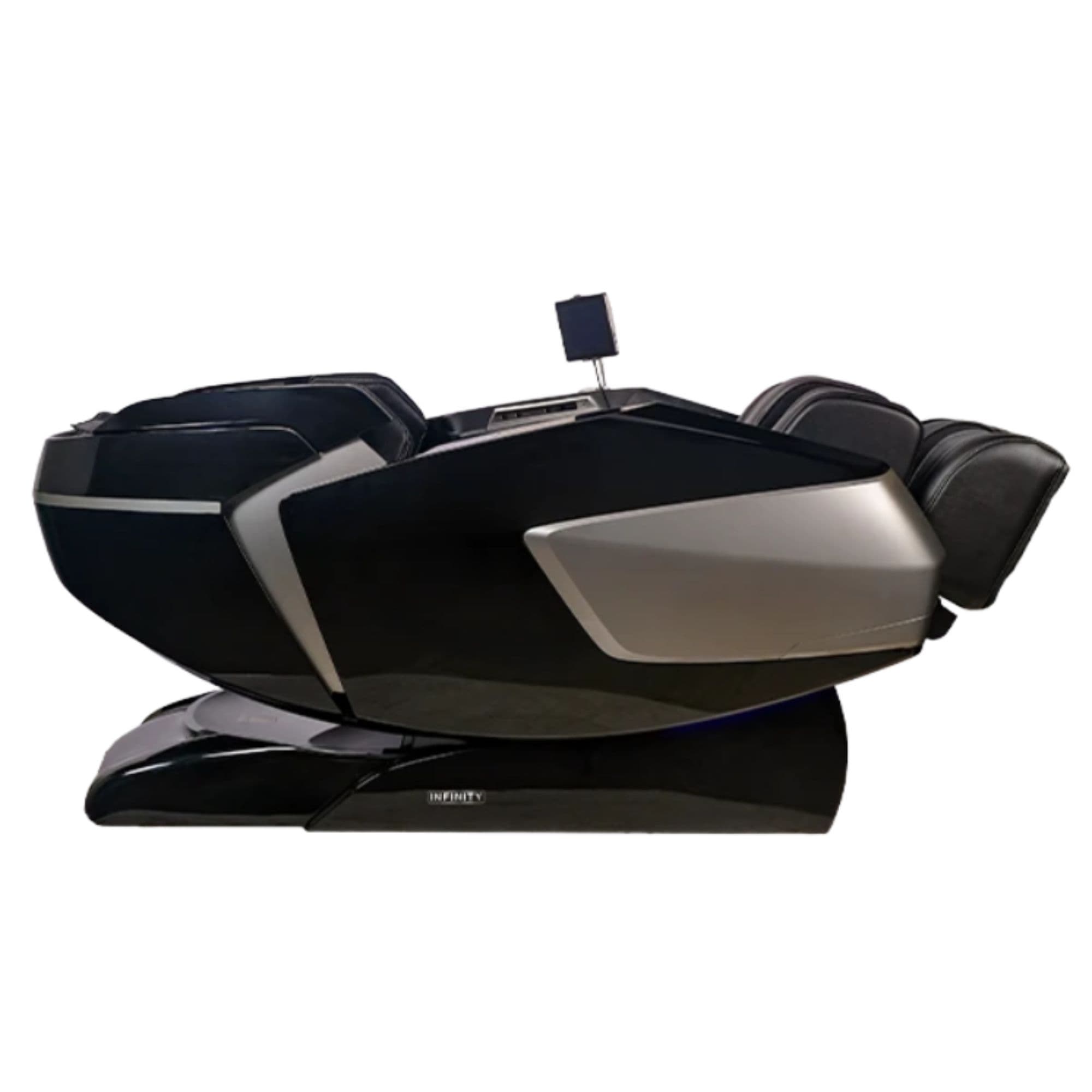 Infinity Circadian Massage Chair Certified Pre-Owned Black Variant Side View In Fully Reclined Position On White Background