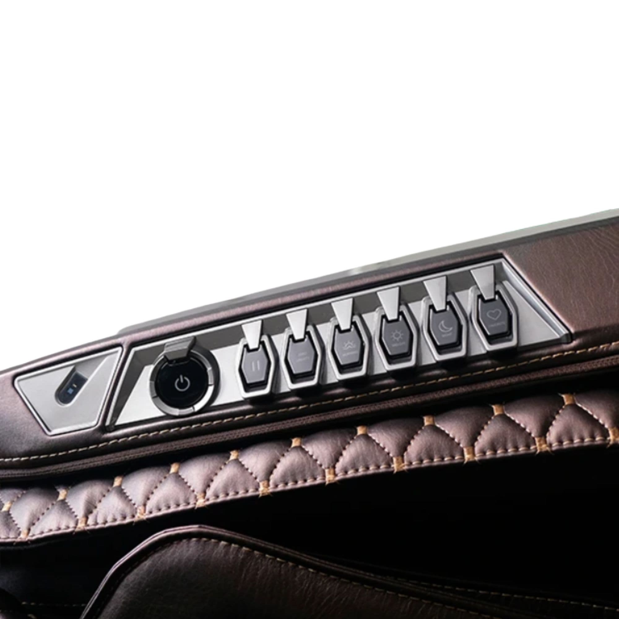 Infinity Circadian Massage Chair Certified Pre-Owned Brown Variant Close-Up View Of Armrest Control Panel