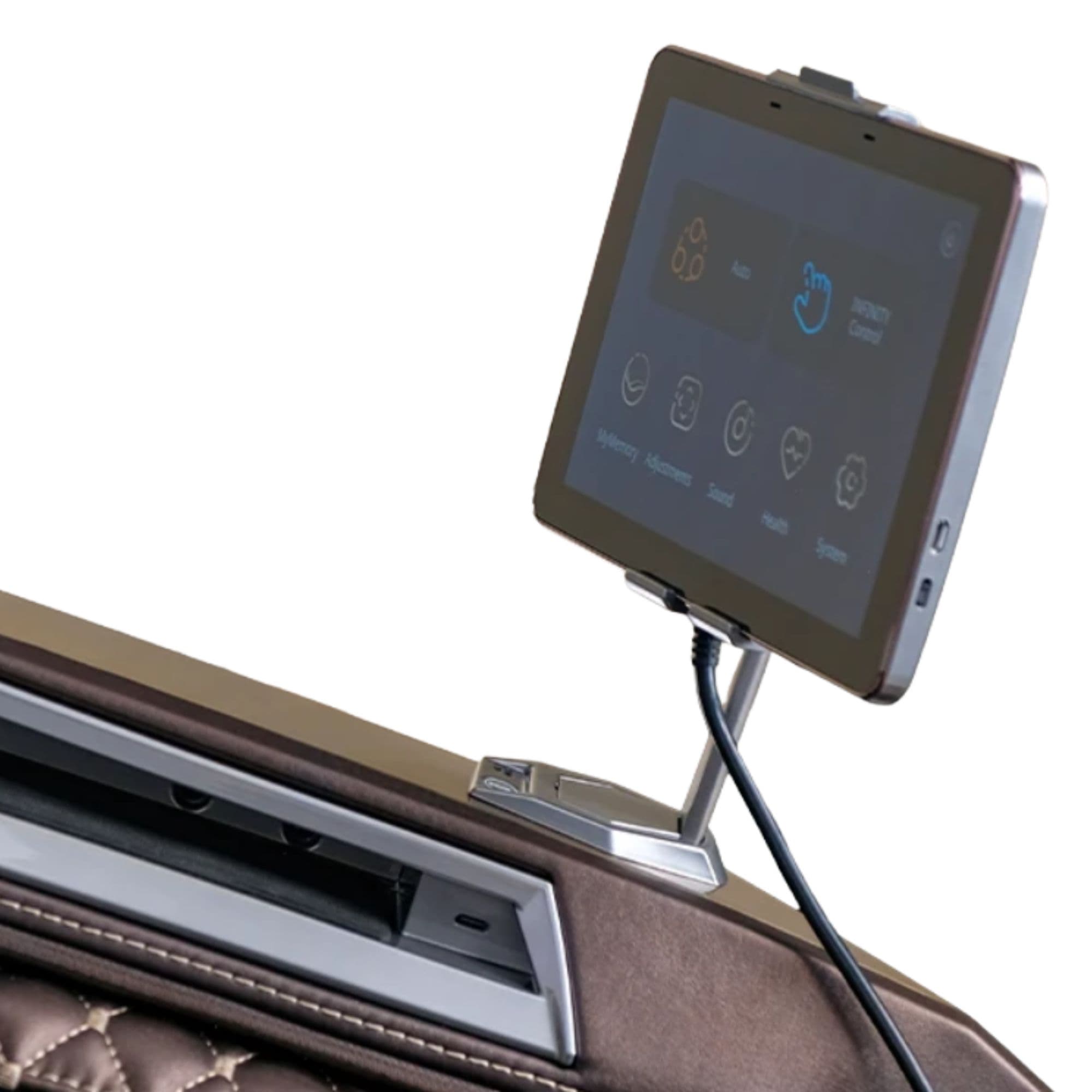 Infinity Circadian Massage Chair Certified Pre-Owned Brown Variant Close-Up View Of Touchscreen Controller Mounted On The Chair
