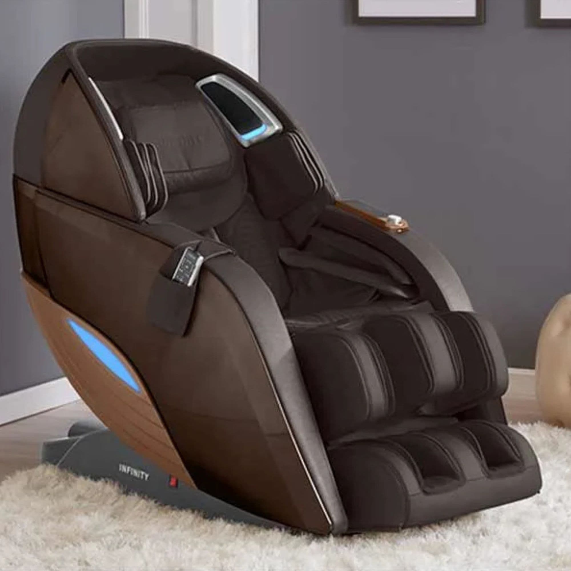 Infinity Dynasty 4D Massage Chair Dark Brown Variant Angled Side View In Home Setting