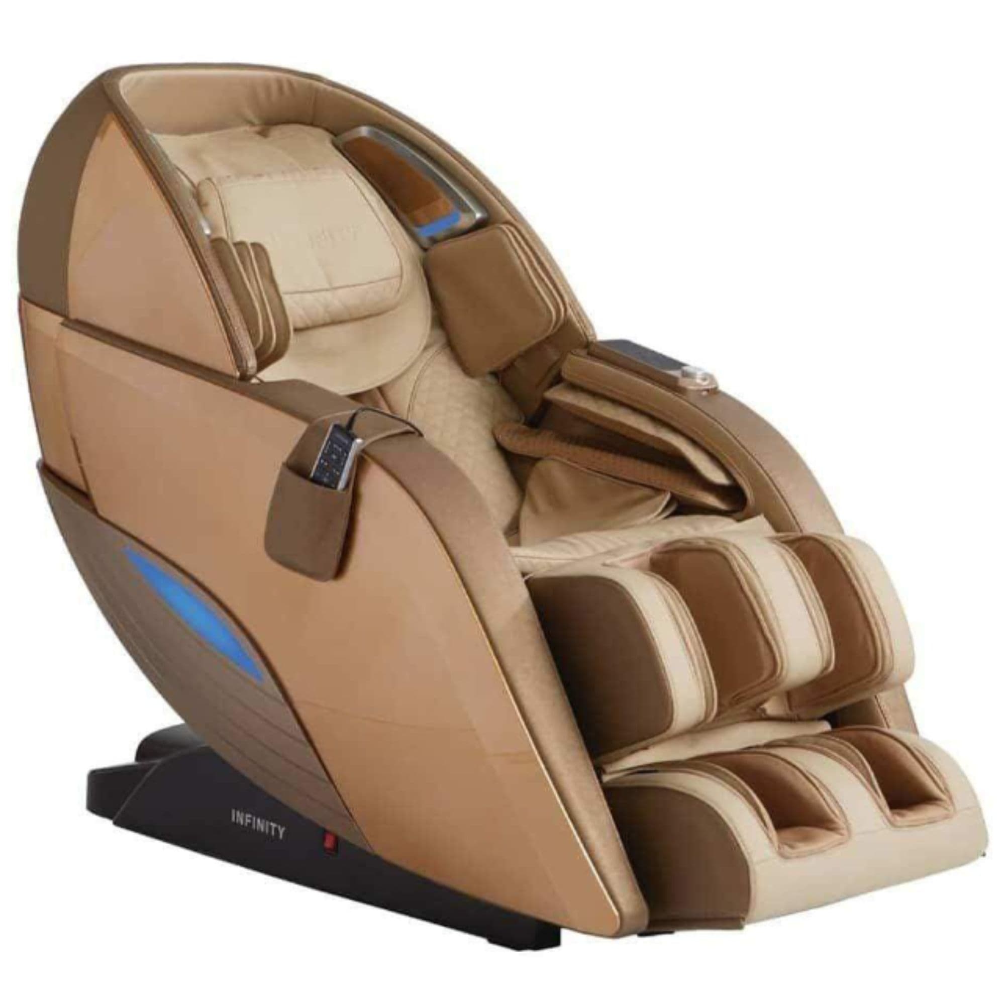 Infinity Dynasty Massage Chair 4D CPO Gold Or Tan Variant Front Angled View On White Background