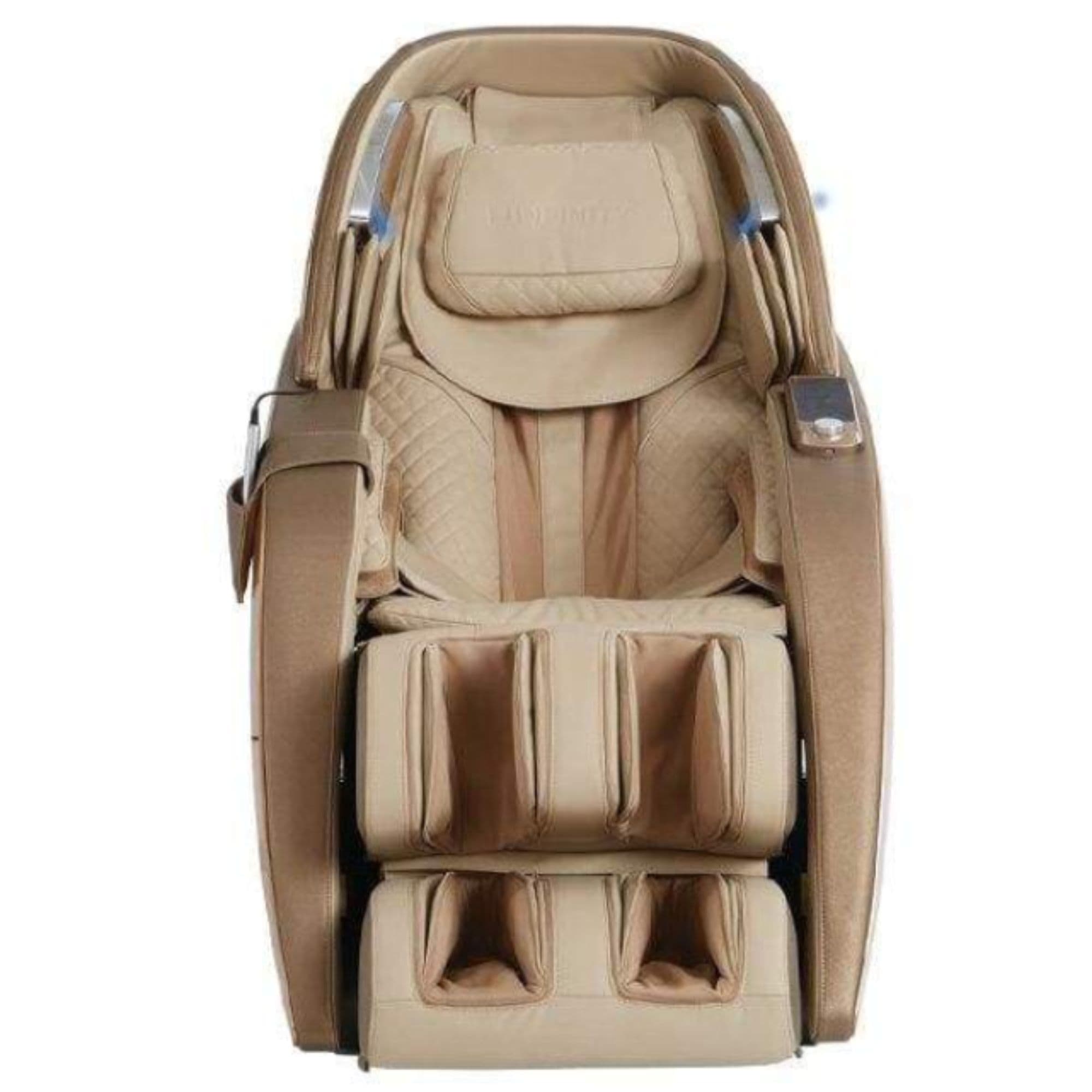 Infinity Dynasty Massage Chair 4D CPO Gold Or Tan Variant Front View On White Background