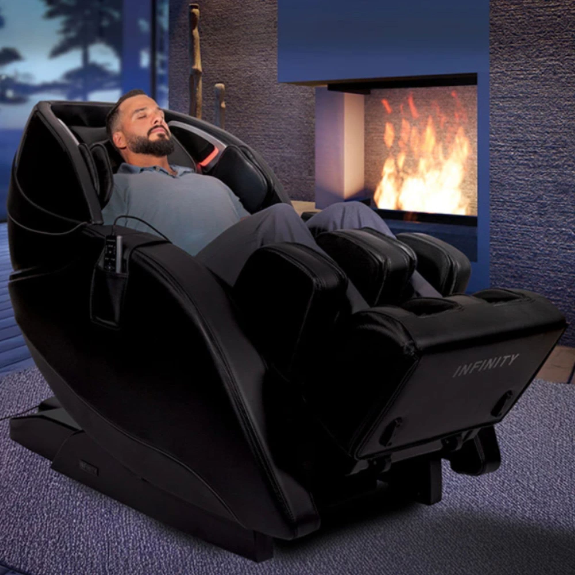 Infinity Evolution 3D4D Massage Chair Front Angled View Of A Man Relaxing By The Fireplace