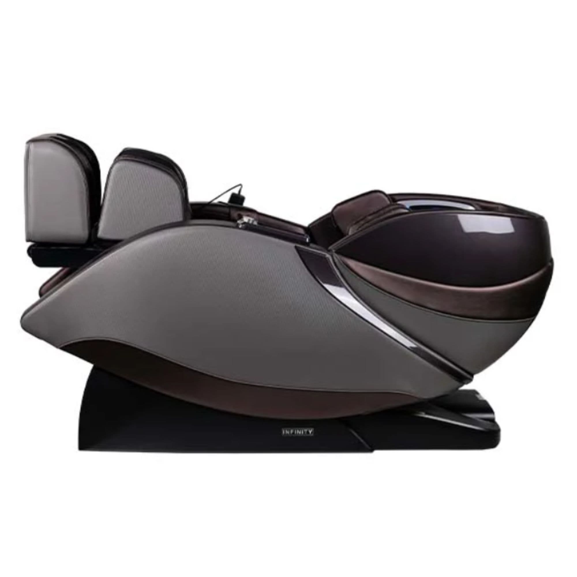 Infinity Evolution Massage Chair Brown Variant Side View In Fully Reclined Position On White Background