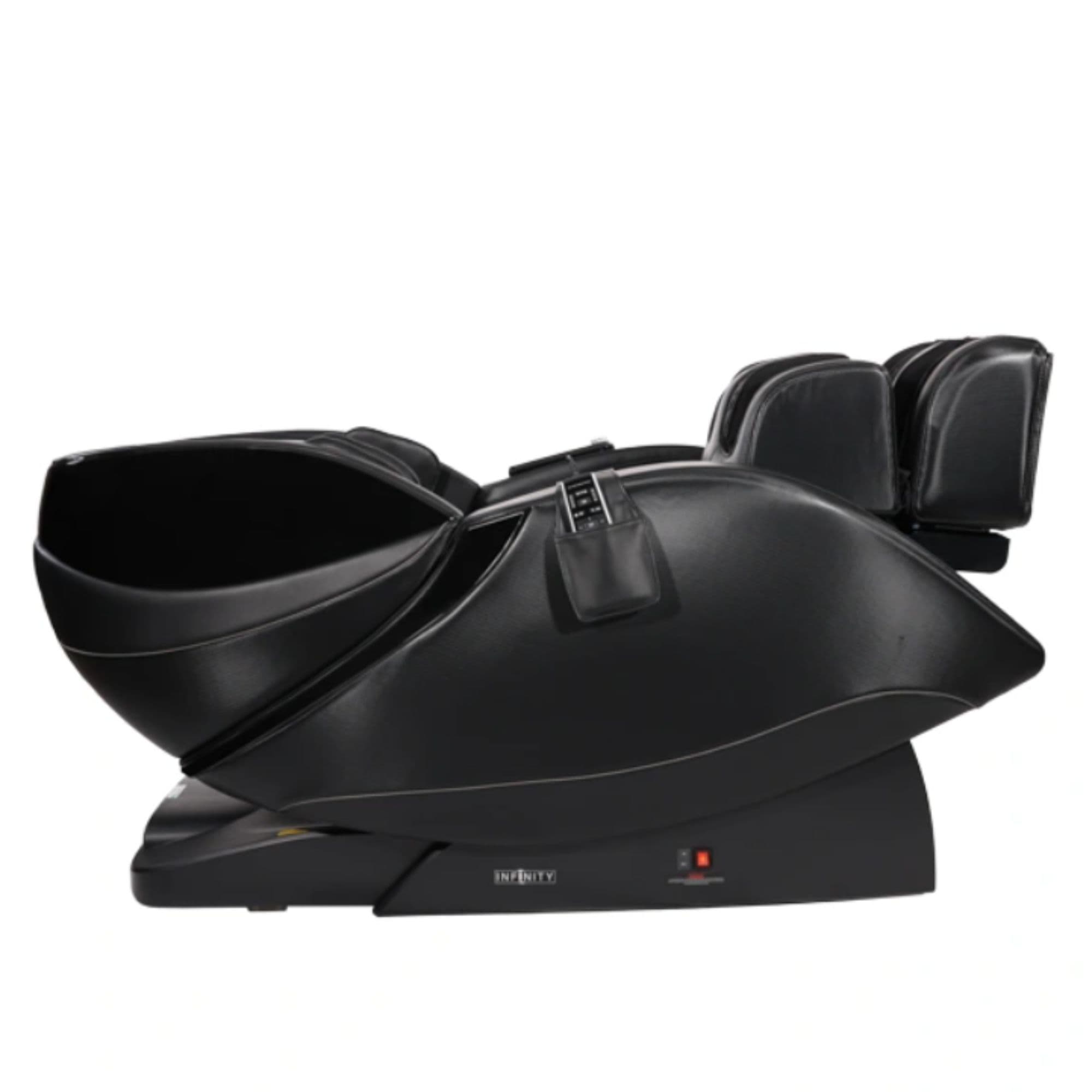Infinity Evolution Max 4D Massage Chair Certified Pre-Owned Black Variant Side View In Fully Reclined Position On White Background